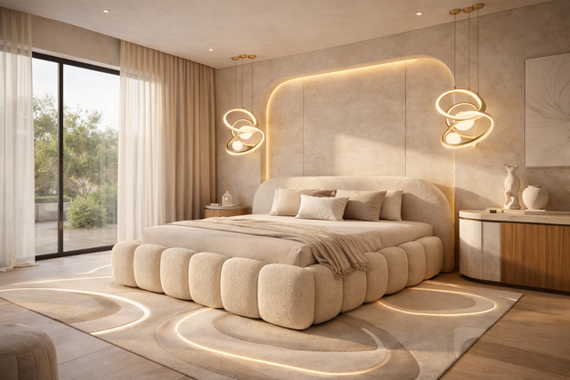 Pat tapițat LANDOR cu ladă – pat matrimonial modern, design rotunjit