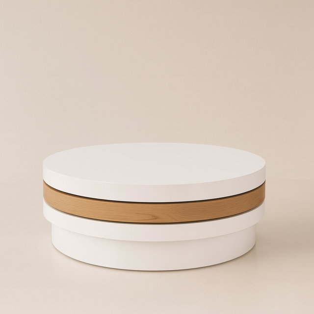 Round wooden box with white top and brown bottom on a beige background