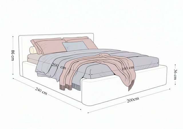 Schiță Pat tapițat ALMO 200x200 cu ladă depozitare