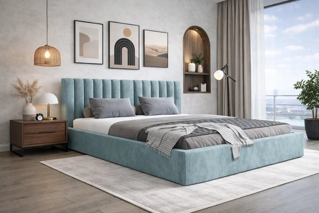 Pat matrimonial VEGAS 180x200 cu ladă de depozitare baby blue