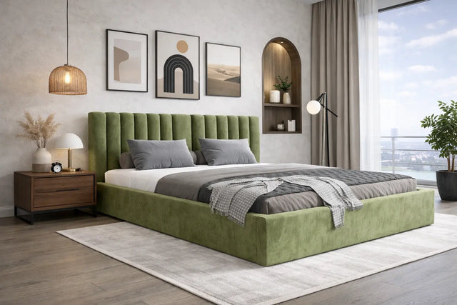 Pat tapițat VEGAS verde si vedere laterală design modern