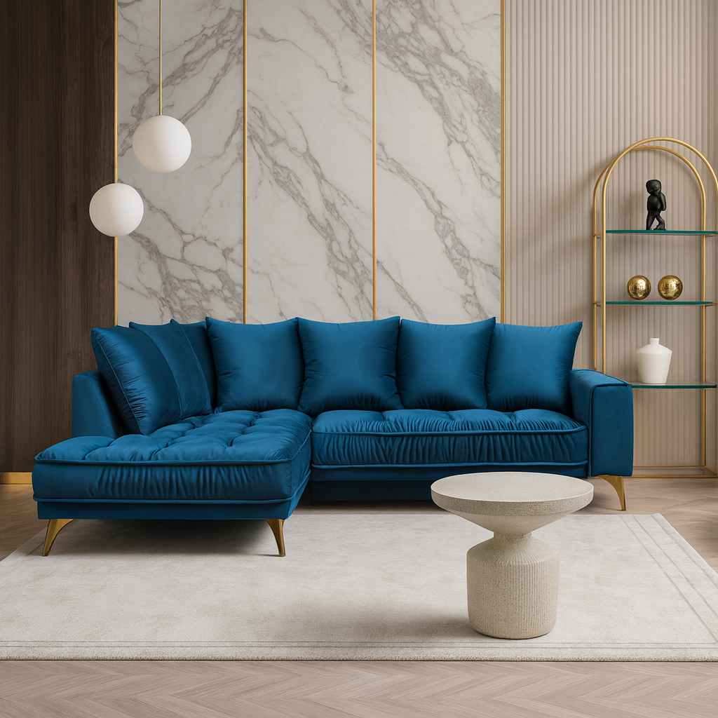 Coltar LAVA, design luxur, materual catifea albastru, capitonat elegant