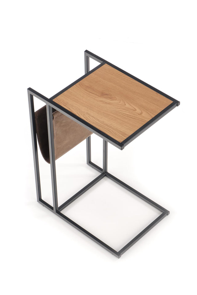 Small side table with wooden top and black metal frame on a white background