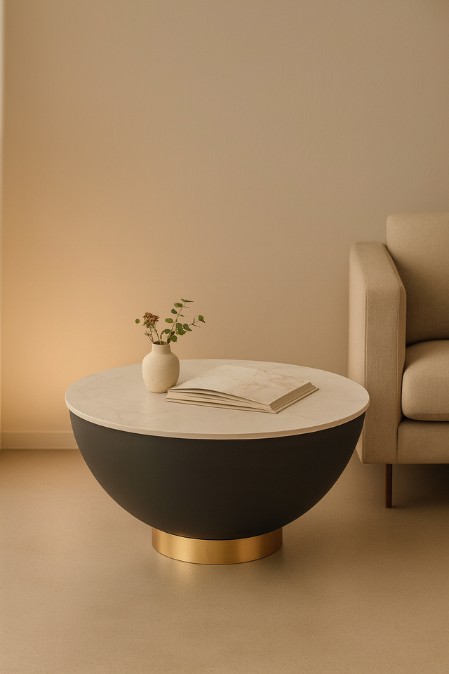 Masuta cafea SESIL rotunda din ceramica intr-un living modern si cozy