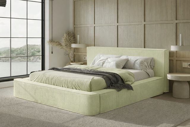 Pat tapițat HARMI 160x200 cu ladă și somieră rabatabilă pe culoare verde deschis