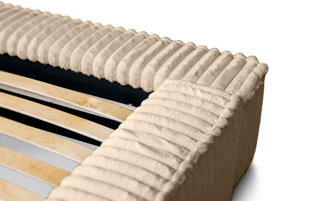 „Detaliu tapițerie Pat MELLI, material textil pufos