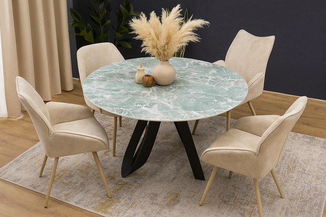 Masă dining UNIVERSE  rotunda cu blat din ceramica verde într-o zona de dining modernă