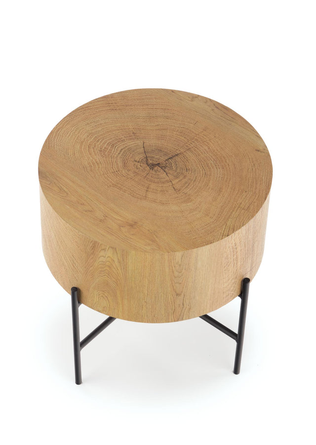 Wooden stool with a round top and metal legs on a white background