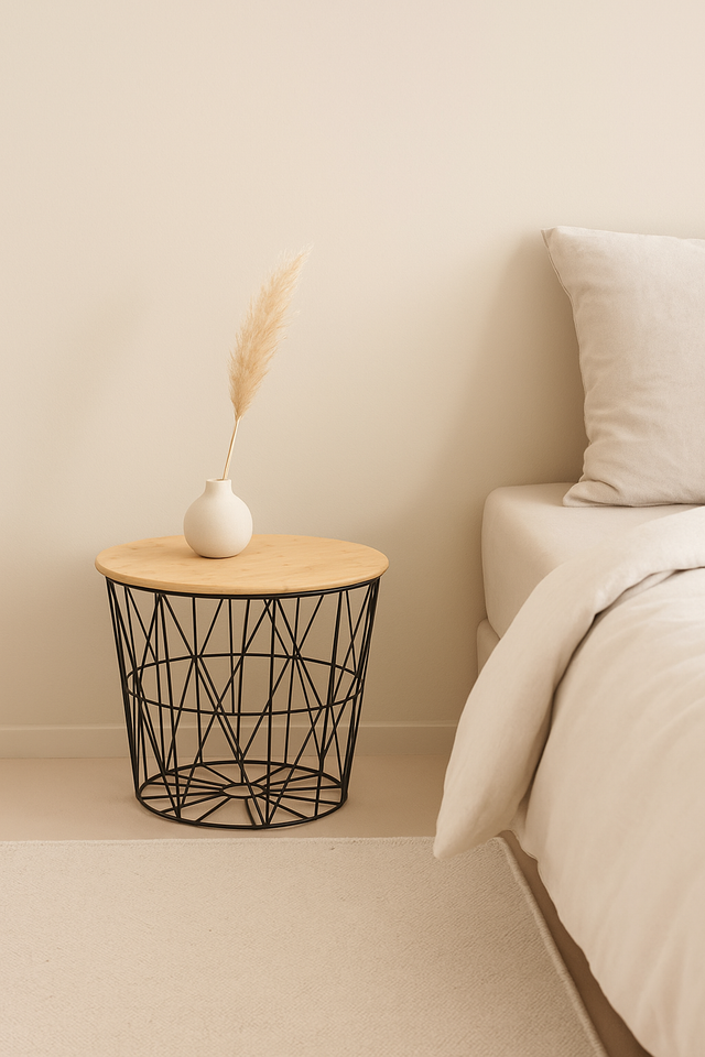 Side table with a geometric design next to a bed in a bedroom setting